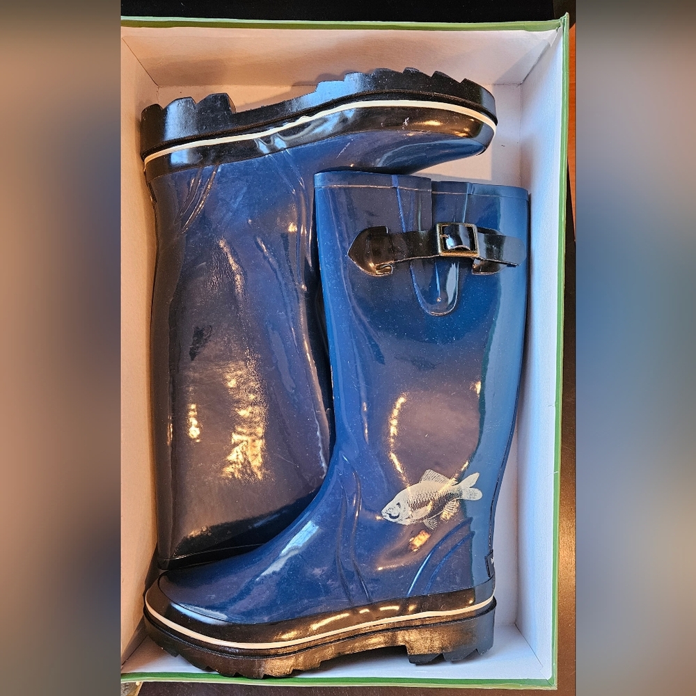 Kate Spade Riley Goldfish Print, blue rubber boots, size 9
